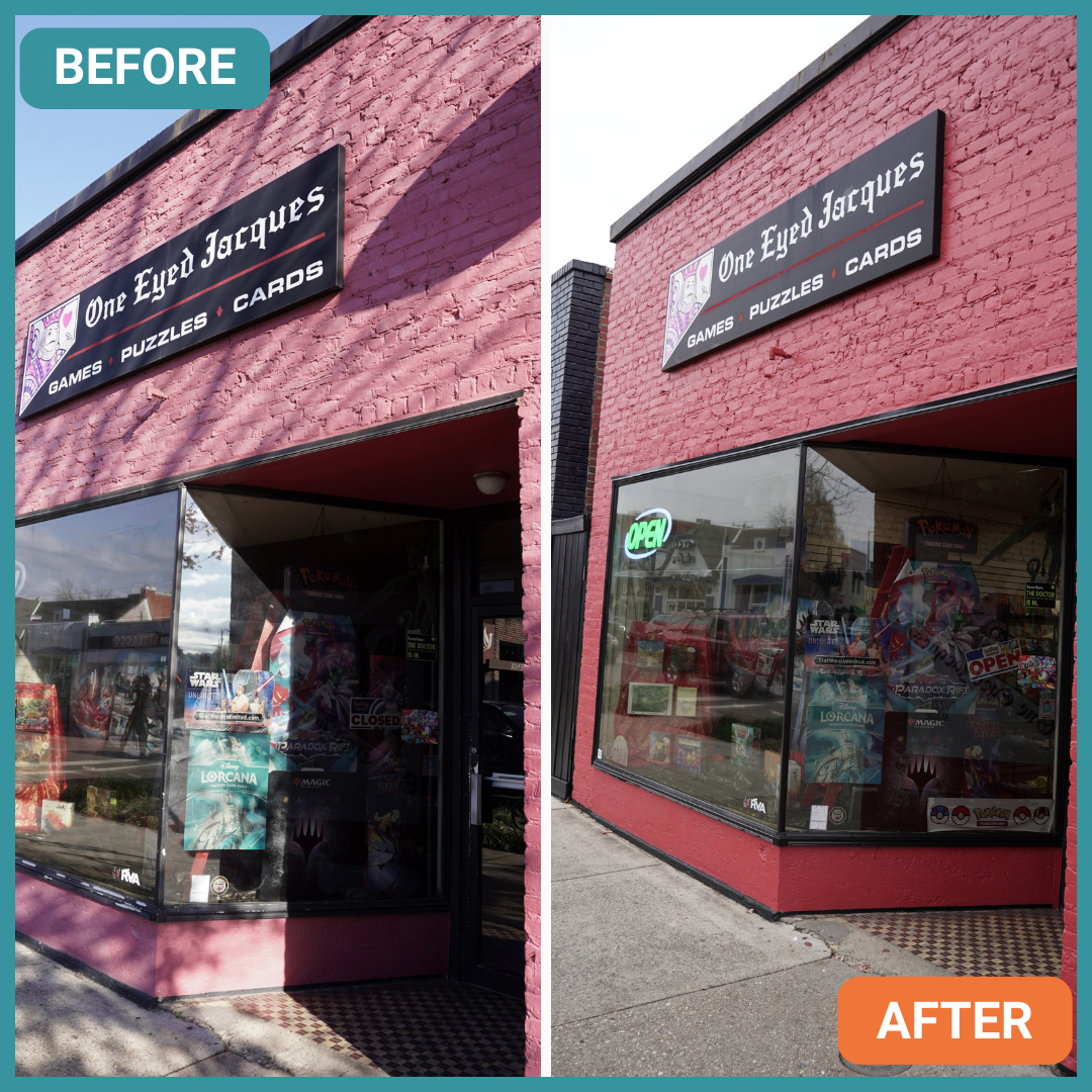 Exterior of a Richmond store painted, before & after.