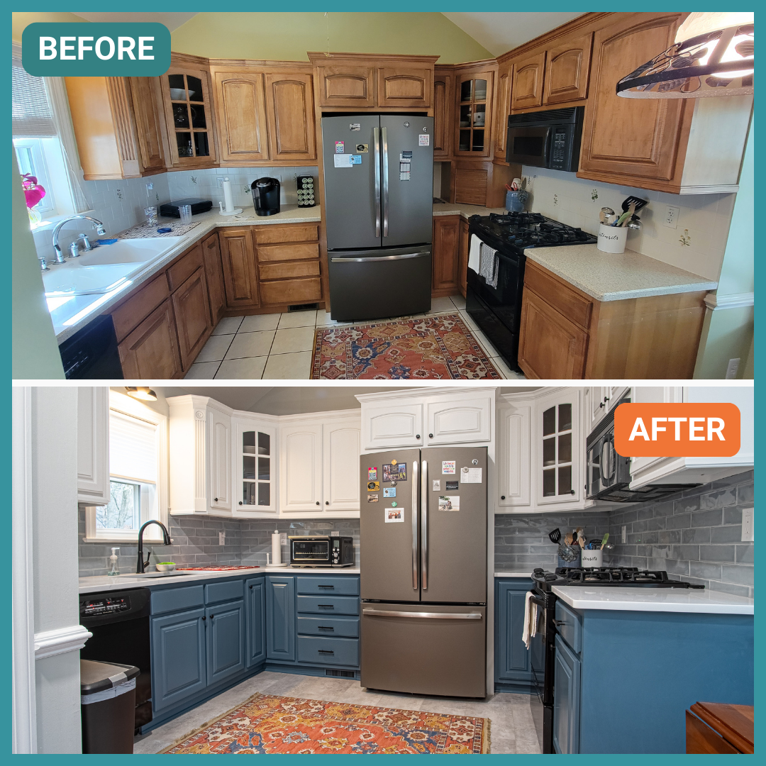 Newly painted kitchen cabinets, before and after, in Richmond, VA