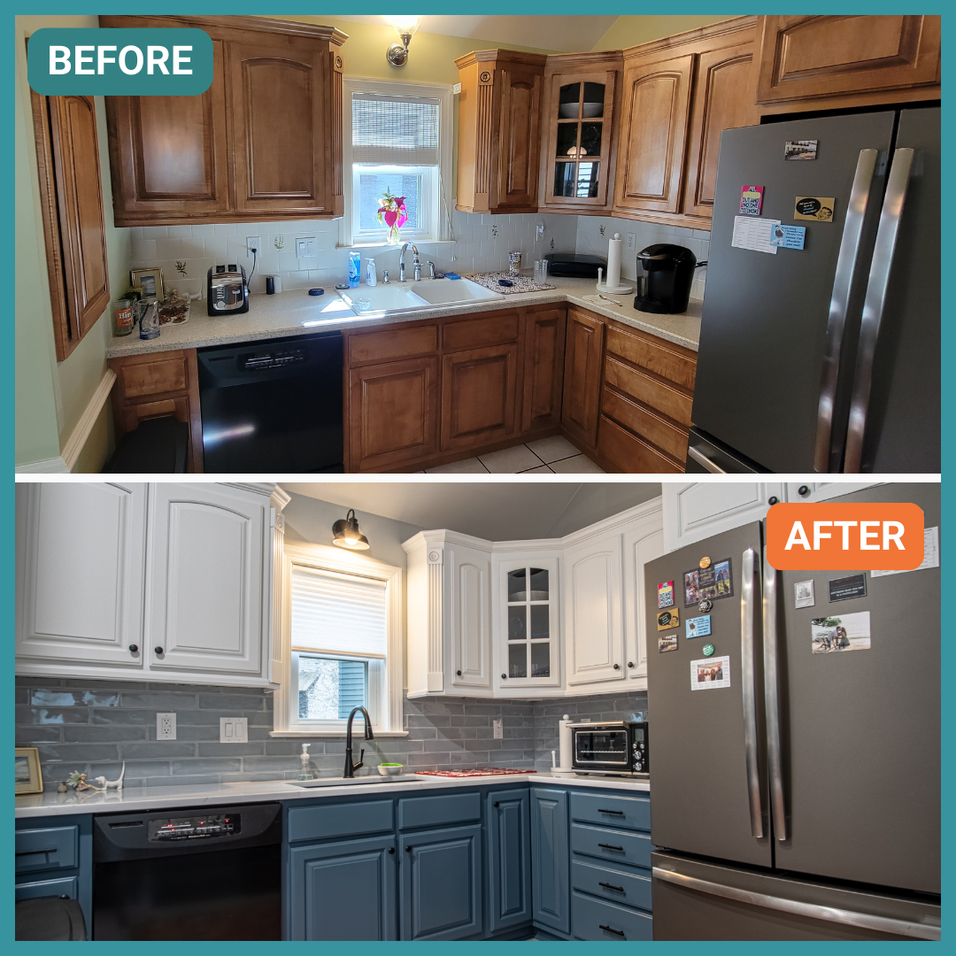 Newly painted kitchen cabinets, before and after, in Richmond, VA