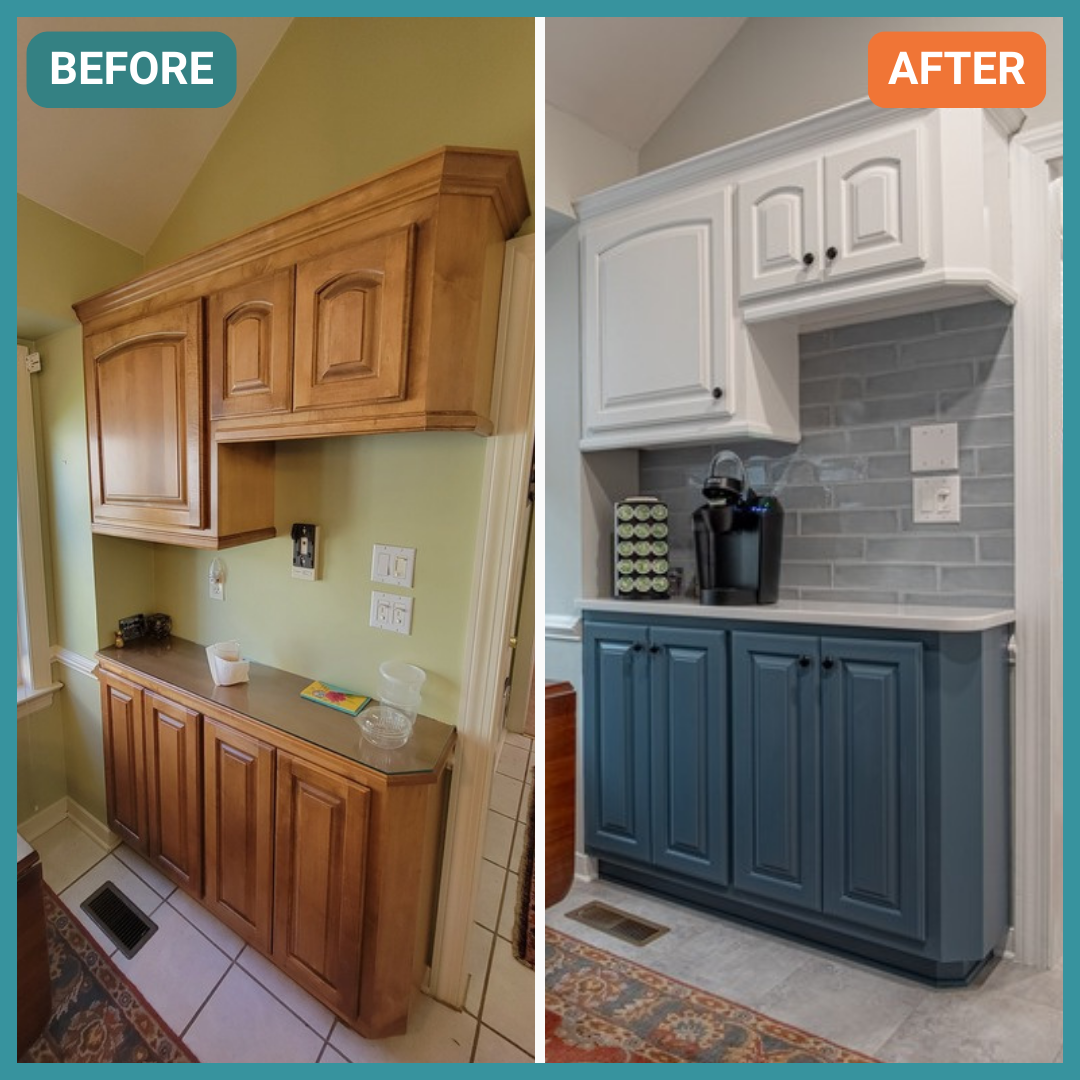 Newly painted kitchen cabinets, before and after, in Richmond, VA