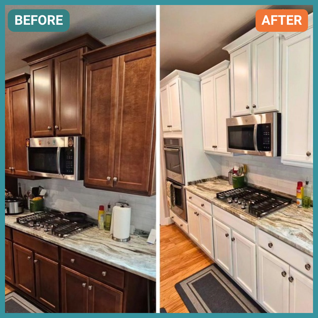 Newly painted kitchen cabinets, before and after, in Richmond, VA