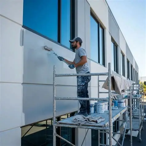 Worker painting the exterior of commercial painting