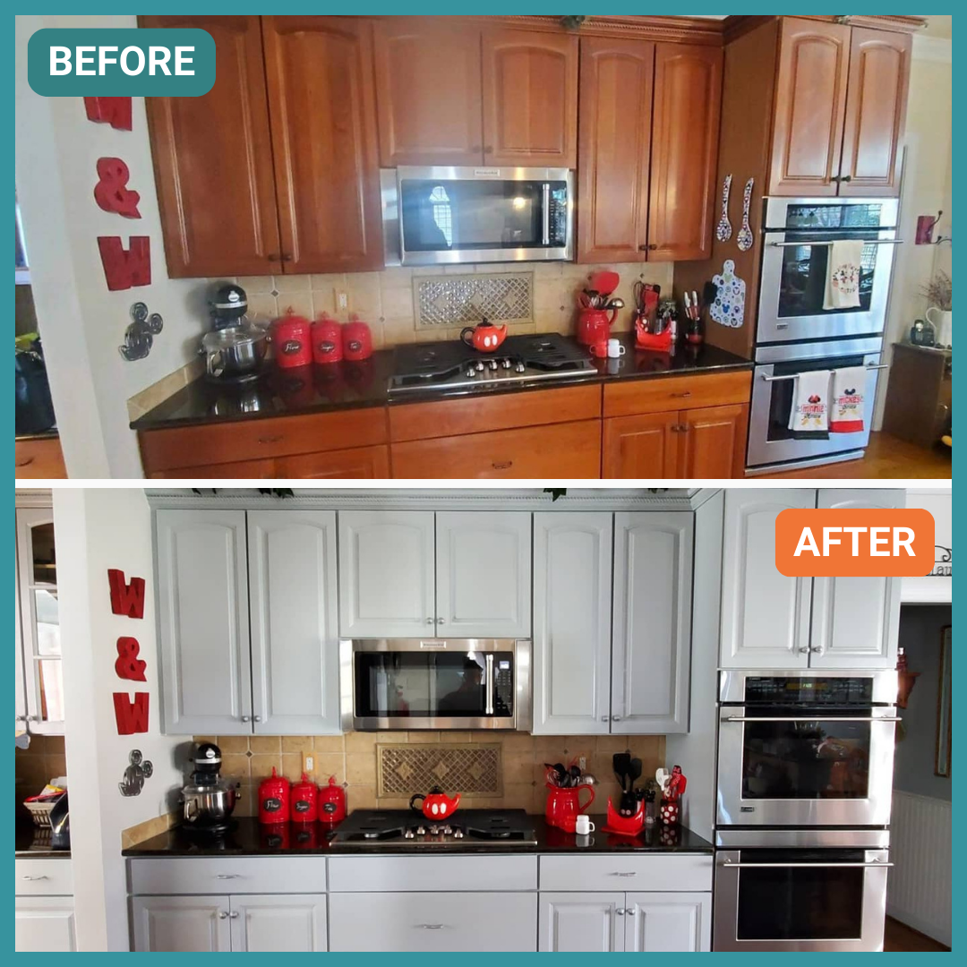 Newly painted kitchen cabinets, before and after, in Richmond, VA